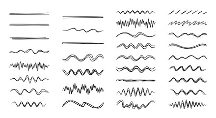 Collection of various stylized hand drawn wavy and jagged line brush strokes and textures for graphic design and artistic projects