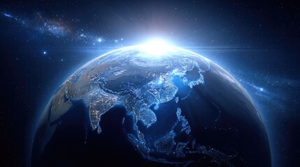 Earth's eastern hemisphere glows with city lights, sun rising majestically over a dark, starry expanse