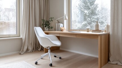 modern scandi workspace, slim oak desk, white ergonomic chair, panoramic window, linen curtain, neutral palette, calm daylight
