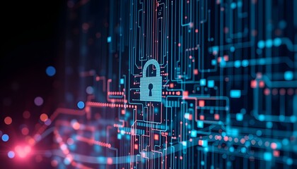 Abstract digital image of a lock icon on a complex circuit board, symbolizing cybersecurity.