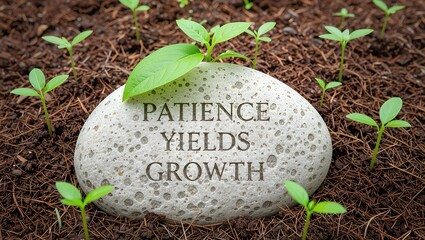 Inspiring stone with 'Patience Yields Growth' quote surrounded by fresh green sprouts in soil