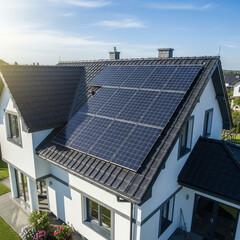 Modern house with blue solar panels on the roof. End of the day, sunset. Idyllic atmosphere	