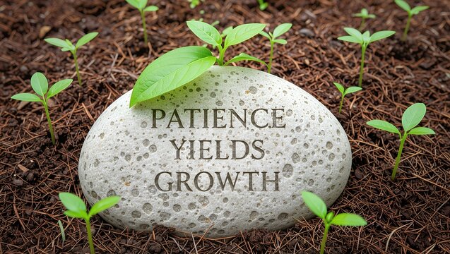 Inspiring stone with 'Patience Yields Growth' quote surrounded by fresh green sprouts in soil - Powered by Adobe