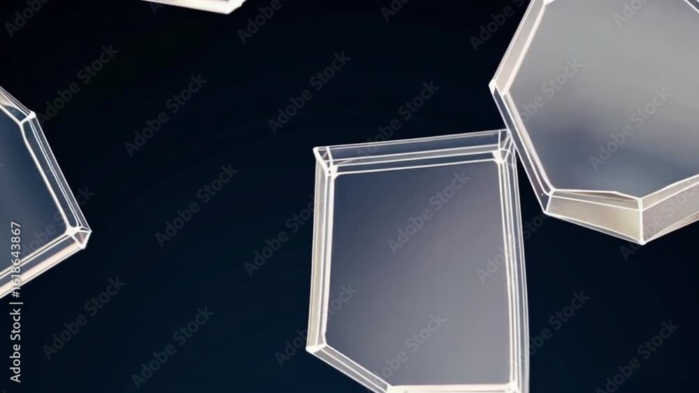 Poster geometric shapes made of glass float against a dark background. the glass pieces catch the light and