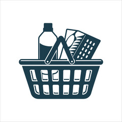 Shopping Basket with Drink and Medicine Icon Convenience Store Shopping basket with a few items.