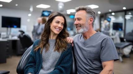 Happy Couple at Airport Check-in Desk Engaged in Conversation