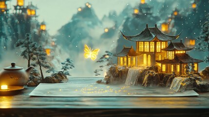 A magical East Asian scroll painting unrolling on a wooden table, transforming into a vivid 3D 