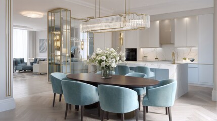 new art deco soft dining kitchen, mirrored column, fluted brass rails, oval walnut table, velvet chairs in powder blue, diffused light