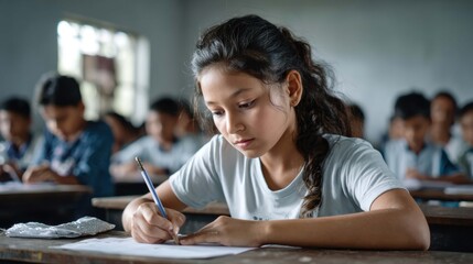 Focused Young Student in Classroom Taking Notes During Lesson