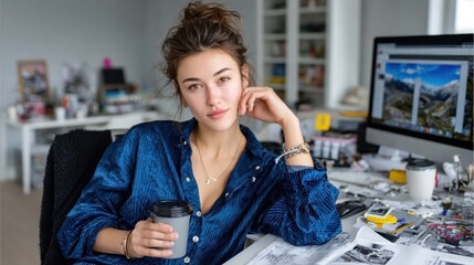 Confident Young Woman Working at Modern Office Desk with Computer and Creative Workspace
