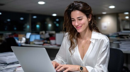 Businesswoman Working on Laptop in Office with Modern Workspace Environment