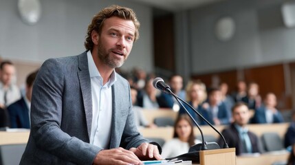 Business Conference Speaker Presenting to Engaged Audience in Modern Meeting Room