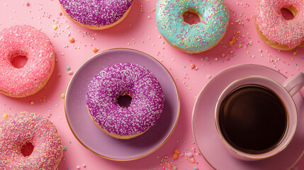 Bright and fun donut and coffee setup on a pink background — great for café branding, dessert-themed content, or lifestyle posts.

