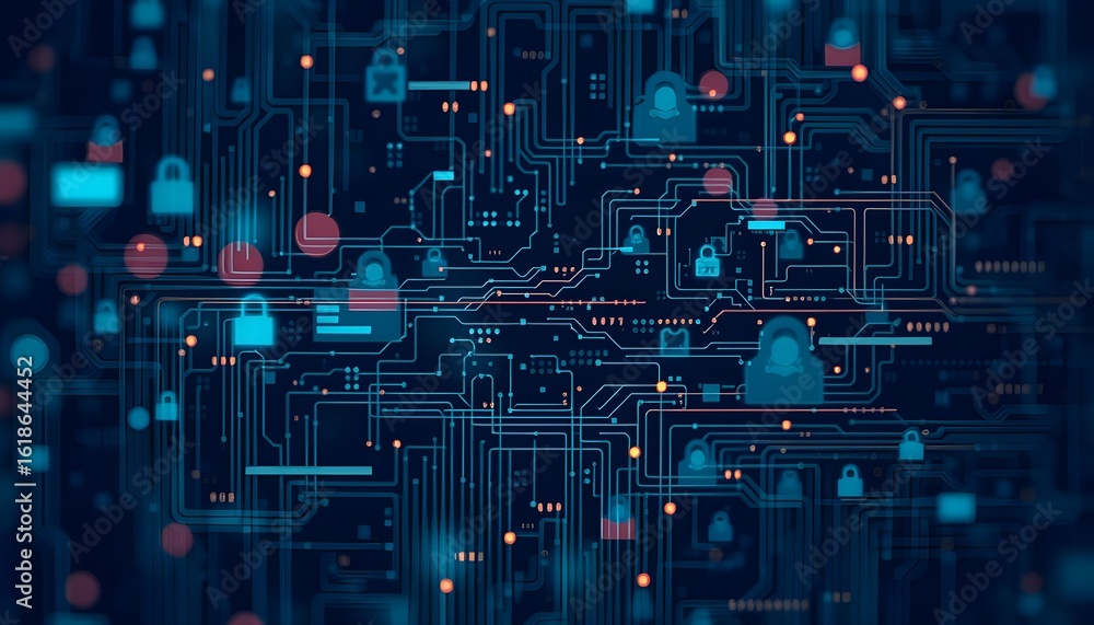 Aufkleber abstract digital illustration of interconnected lock icons on a complex circuit board background.