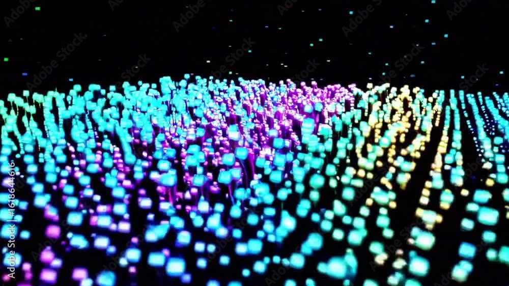 Poster abstract geometric design of colorful digital cubes floating in the dark, a visual of innovative con