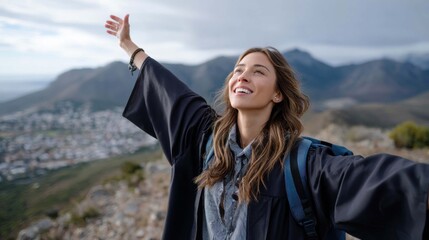 Joyful Young Woman Celebrating Graduation Outdoors with Mountain View Background