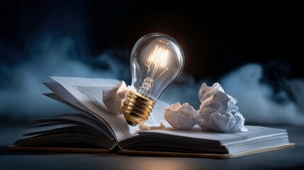 Creative Innovation Concept with Light Bulb and Open Book in Dark Setting