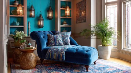 opulent boho sitting room, sapphire velvet chaise, patterned throw, turquoise niche, antique lanterns, layered carpets, mellow light