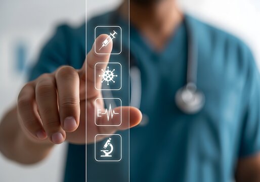 Doctor interacting with digital medical icons on a futuristic interface