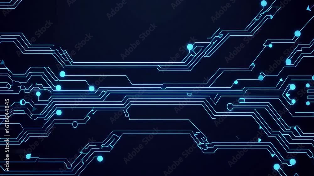 Poster digital circuit board with interconnected pathways, glowing elements symbolizing data flow. the blue
