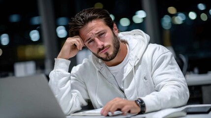 Stressed Young Man Working Late at Night in Modern Office Environment