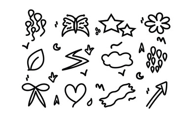 Cute hand-drawn nature icons with stars, hearts, clouds, and floral doodles
