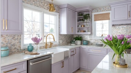 organic vintage french eclectic kitchen full view, soft lilac cabinets, copper handle, pastel mosaic tile, light filled space