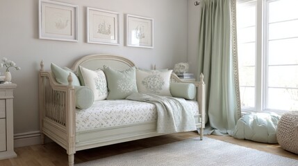 organic vintage french eclectic kids room full view, pistachio colors, carved wood bed, embroidered pillows, soft daylight, gentle vibe