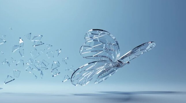 broken glass fragments flying upward forming delicate butterfly shape photorealistic side view with ethereal feeling light blue background hyperreal studio