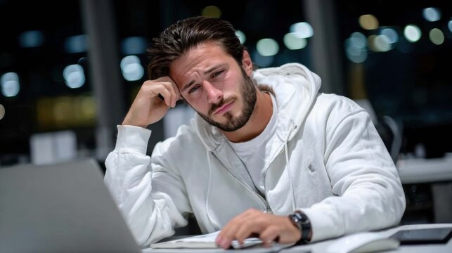 Stressed Young Man Working Late at Night in Modern Office Environment - Powered by Adobe