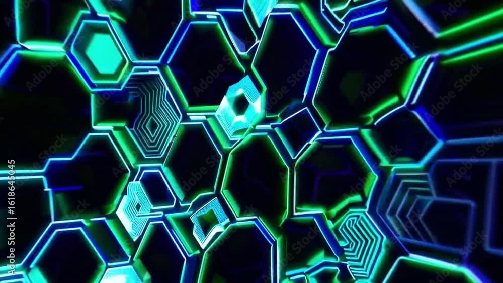 Poster abstract digital hexagon pattern with neon lighting. the glowing honeycomb-like cells create a futur