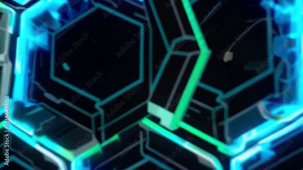 Poster futuristic digital hexagonal abstract with glowing geometric lines and neon colors