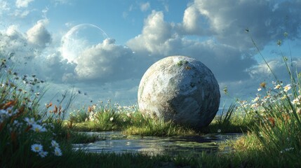 A weathered sphere rests in a vibrant field of wildflowers, a tranquil scene under a partly cloudy sky featuring a luminous celestial body