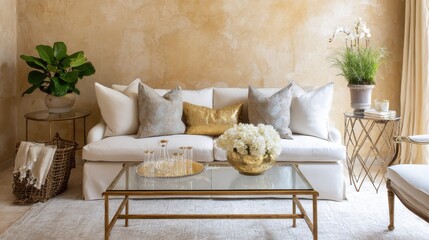 organic vintage french eclectic living room full view, cappuccino plaster wall, cream sofa, gold toned pillow, morning light