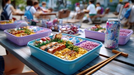 Vibrant Outdoor Bento Lunch Boxes with Asian Cuisine and Fresh Beverages