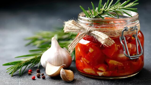 Enjoy the art of making homemade preserved tomatoes with garlic and herbs in a rustic kitchen setting