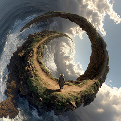 Tiny planet view of traveler walking on winding coastal path surrounded by ocean waves and dramatic cloudy sky, evoking adventure and solitude