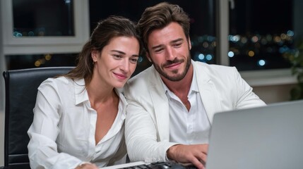 Business Meeting with colleagues at night in modern office with city skyline view