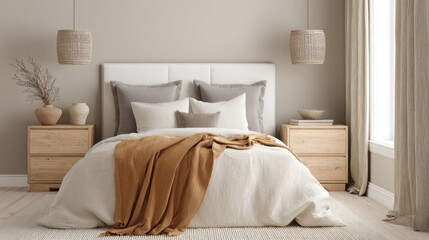 scandi rustic bedroom full view, milky white bed, sand colored wall, ochre throw blanket, oak nightstands, beige linen curtains, soft ambient light