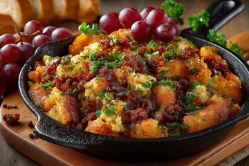 Rustic Spanish fried bread with garlic and chorizo served in cast iron