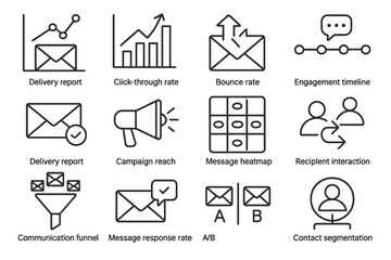 Email marketing metrics icons: click-through rate, bounce, engagement
