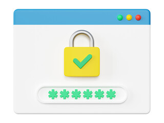 Computer security login form with password and padlock and green check mark 3d illustration isolated on transparent background. Secure access, cyber security, safety, protection concept