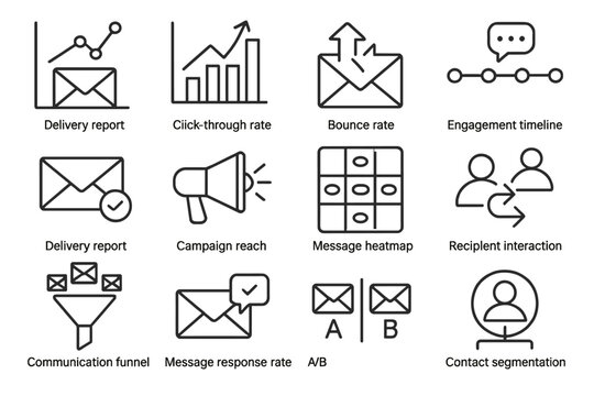 Email marketing metrics icons: click-through rate, bounce, engagement