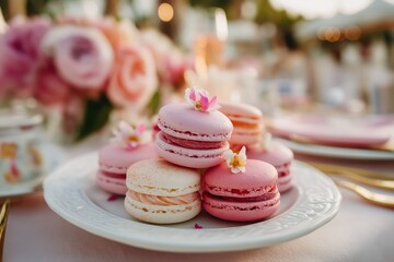 Elegant pastel macarons with edible petals on outdoor wedding dessert table