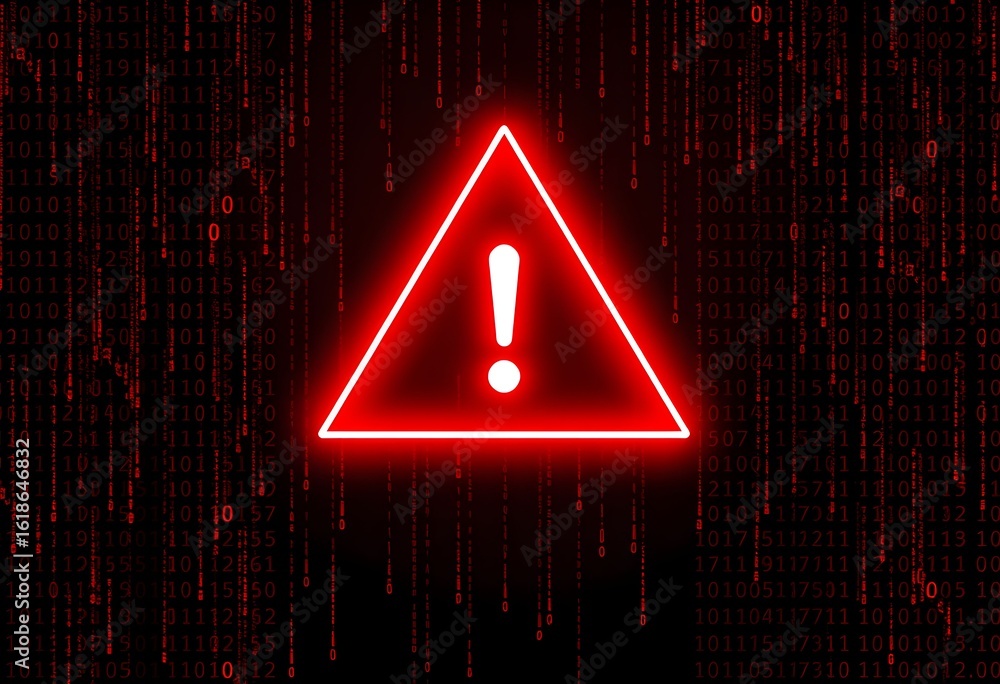 Poster a red warning triangle with an exclamation point, set against a dark background with red digital str