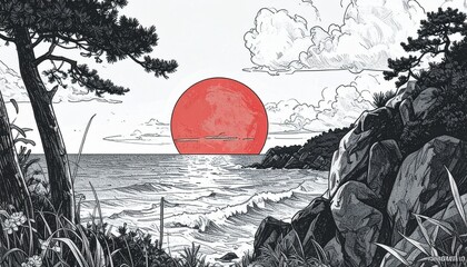 Japanese Sunset Over the Sea with Red Sun