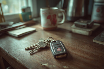 Car key fob rests on cluttered table, daylight highlighting metallic practical design