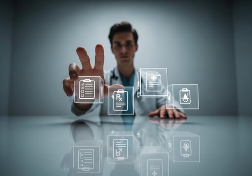 Doctor interacting with digital medical records and icons on a futuristic interface