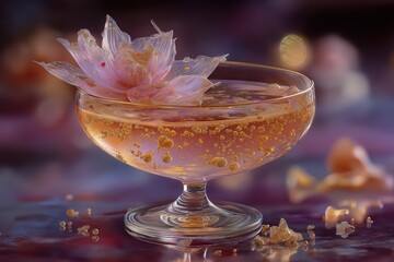 Shimmering champagne jelly dessert with gold flakes and surreal sugar garnish
