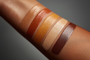 Foundation drops show skin tone diversity in inclusive and textured beauty concept